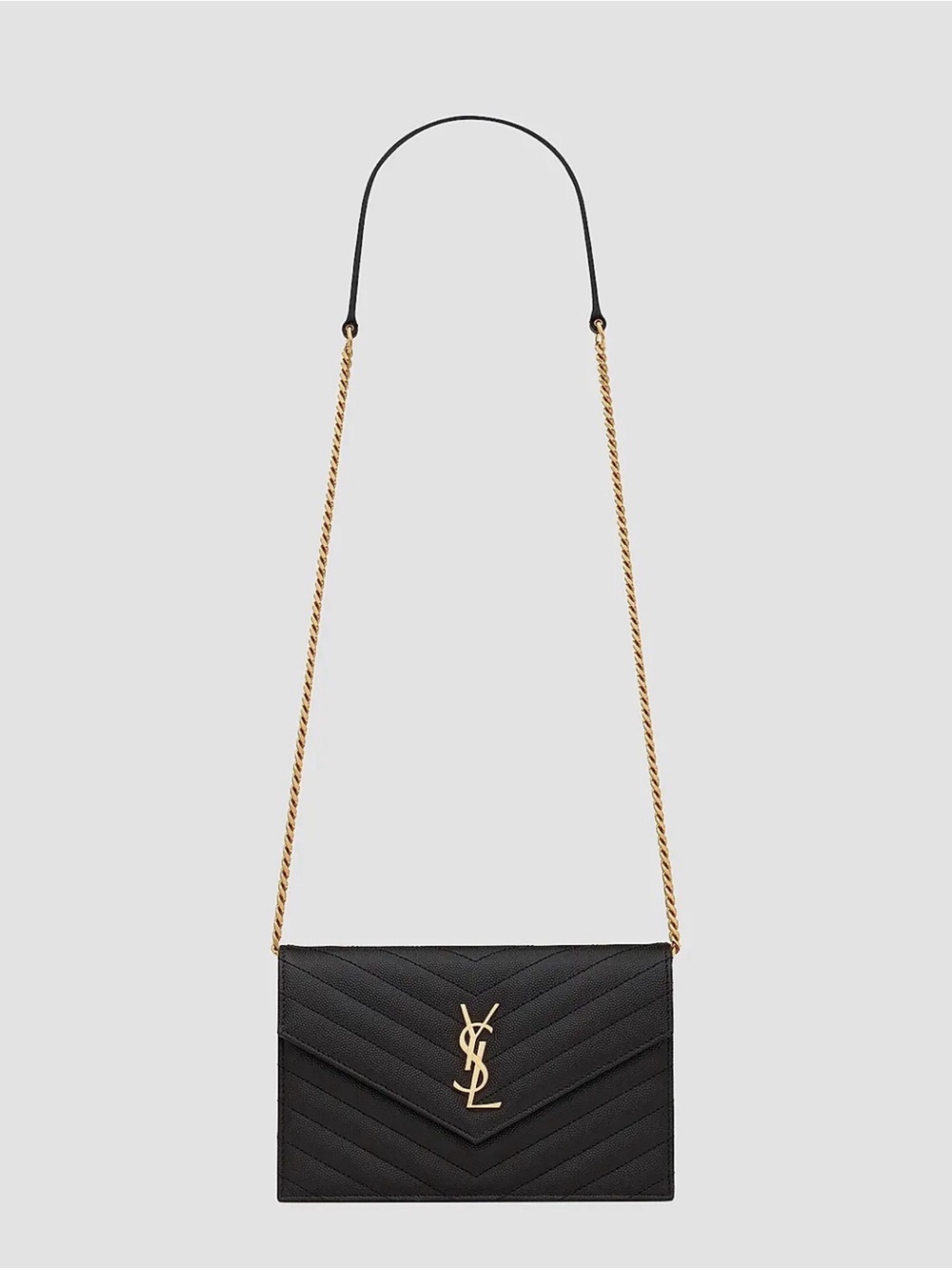 Saint Laurent Black Chevron Leather Crossbody with Gold Chain